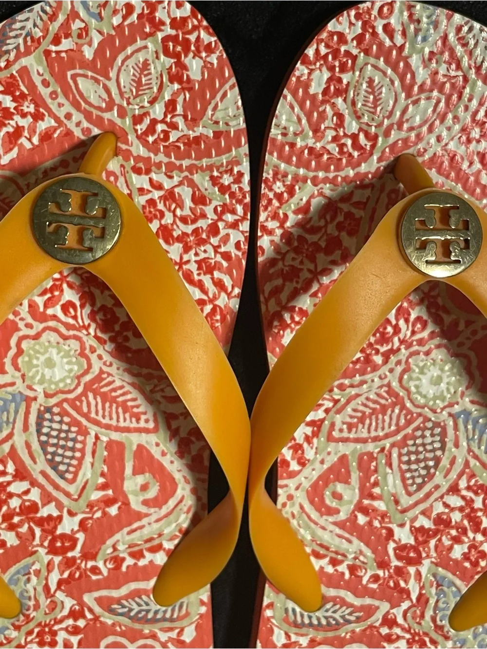 Tory Burch pretty orange color Strap logo on & bottom Floral Pattern Flip Flops